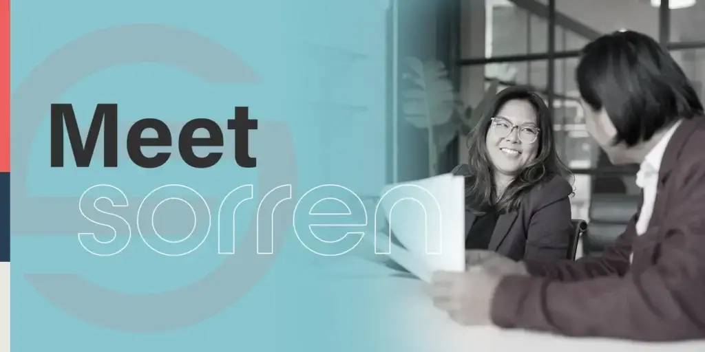 Meet Sorren graphic with light blue, navy, and coral featuring a photo of two women collaborating at a desk