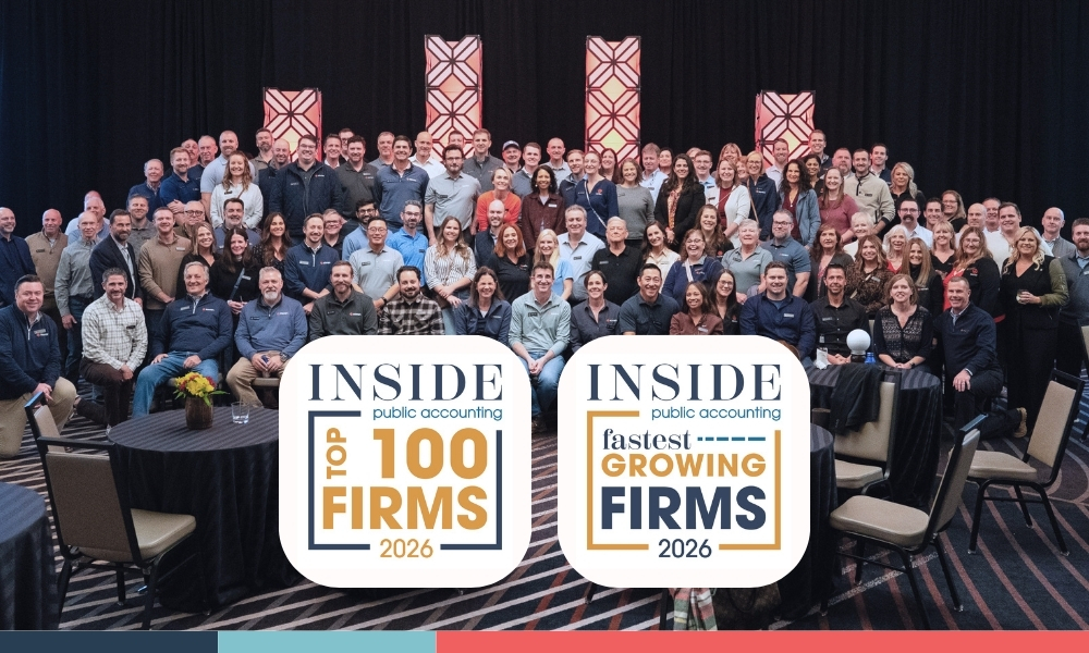 Sorren team group photo overlaid with INSIDE Public Accounting 2026 Top 100 Firms and Fastest-Growing Firms award badges.