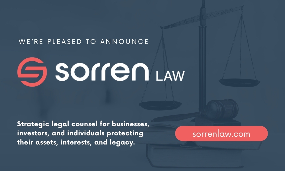 Sorren Law launch graphic with scales of justice overlay and tagline for strategic legal counsel for businesses and investors